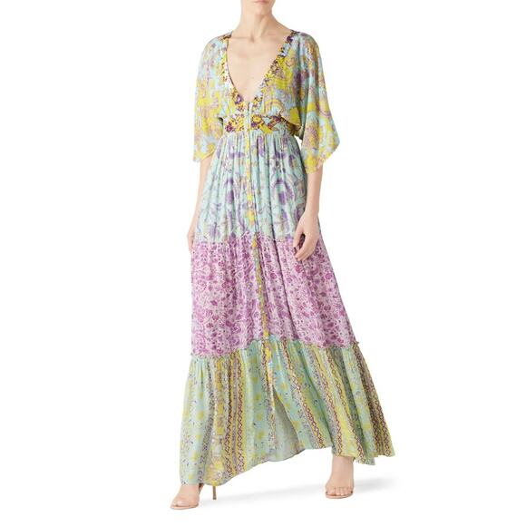 Hemant & Nandita Maxi Dress Women’s Size Medium Green Floral V-Neck Boho Style - Picture 2 of 15